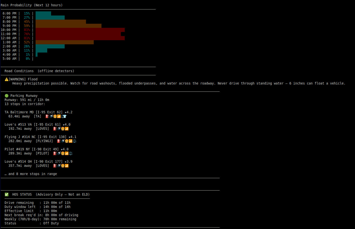 Clean Shot Terminal - Rain Probability, Road Conditions & HOS Status